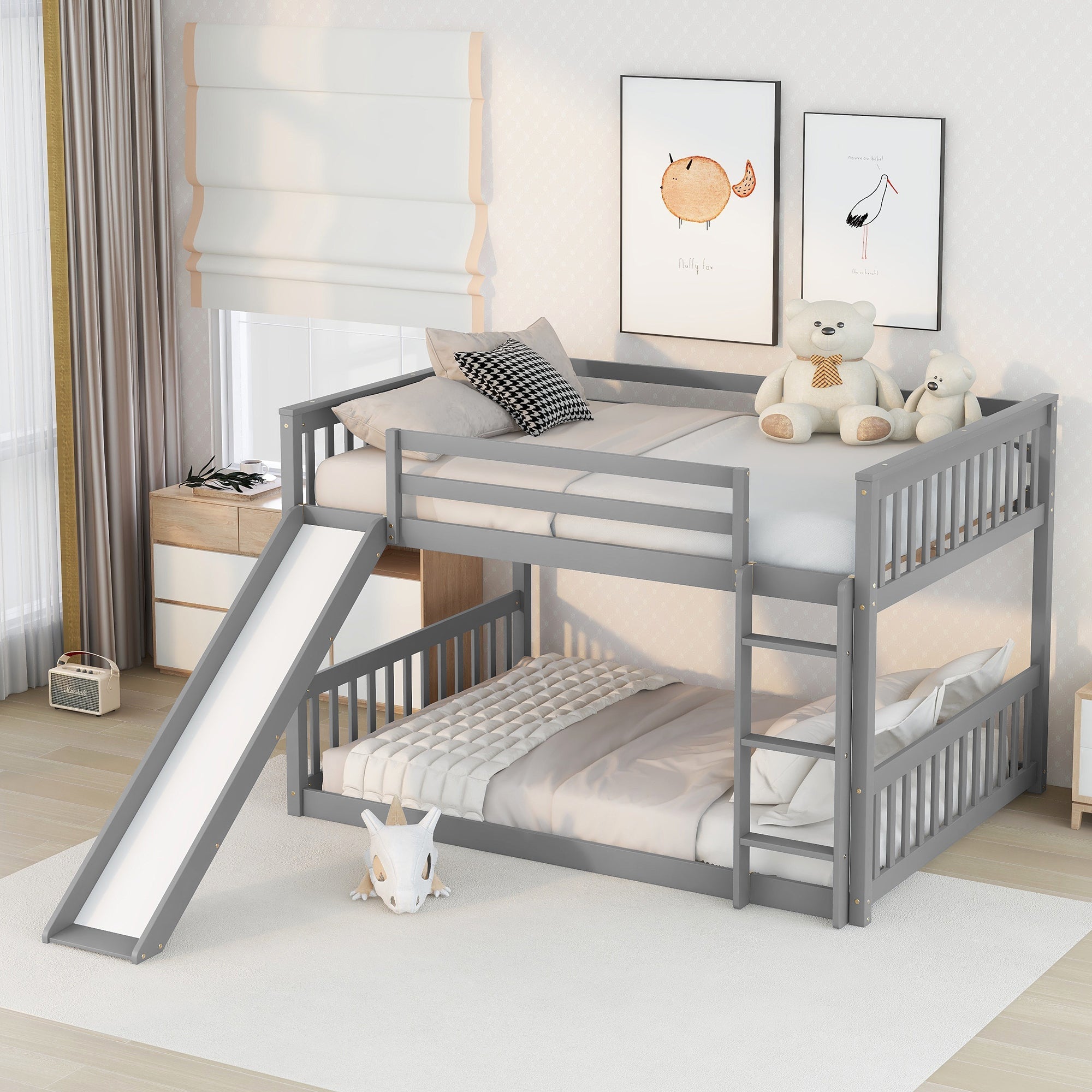 Masonstine Full over Full Bunk Bed with Slide and Ladder, Grey