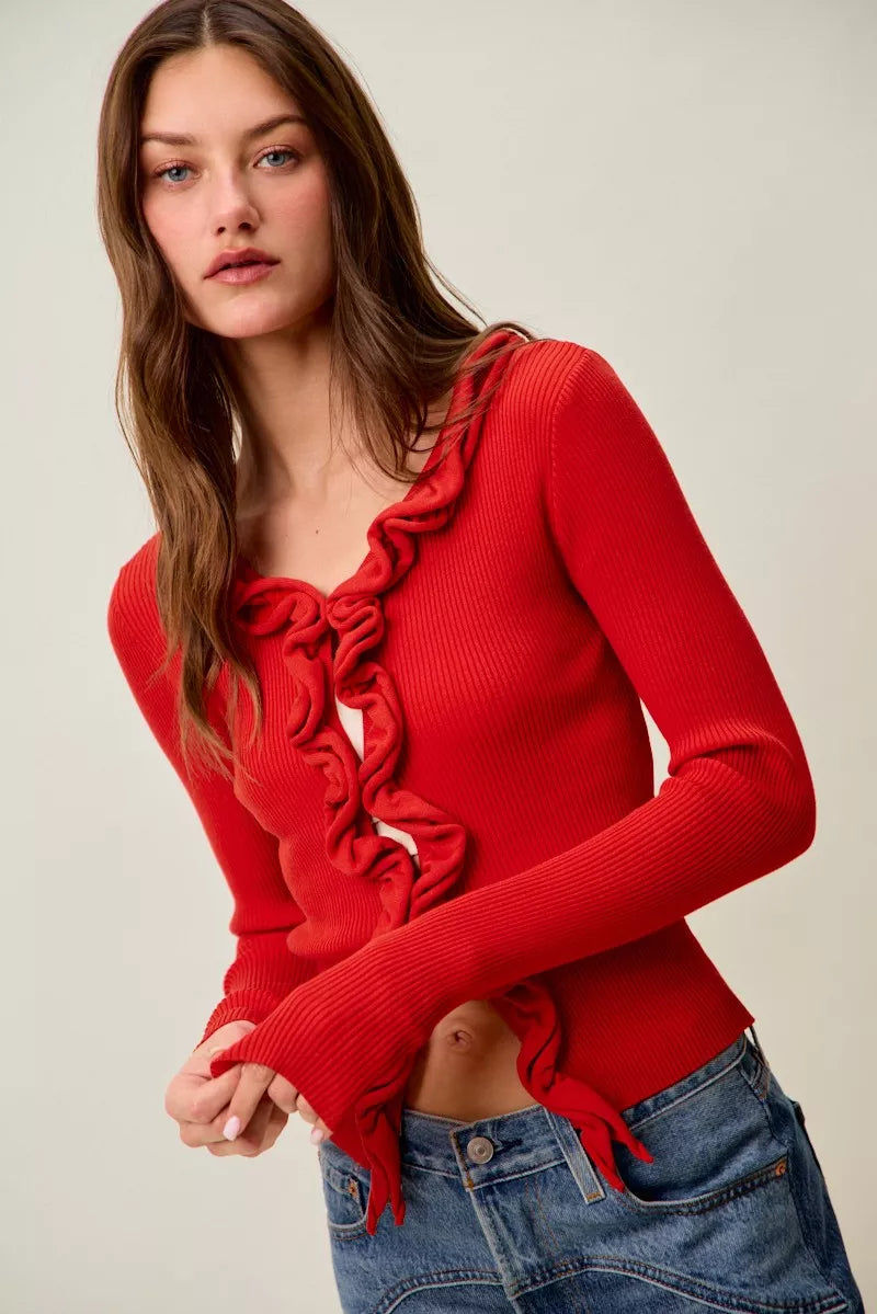 SO ME Cascade Ruffle Ribbed Sweater Cardgian