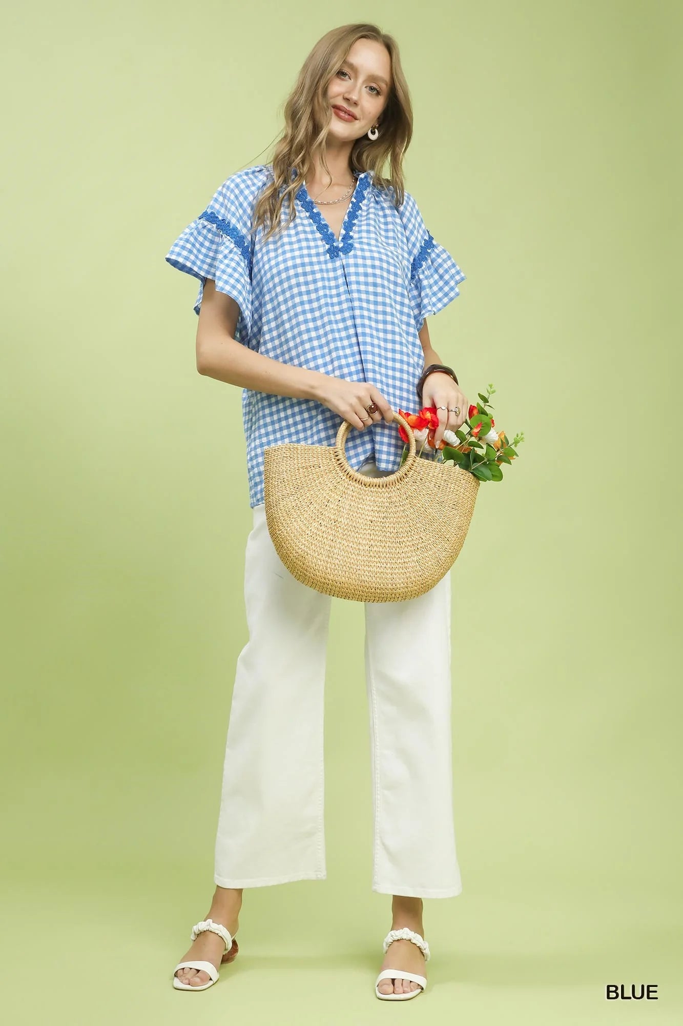 Umgee Gingham Lace Trim Top