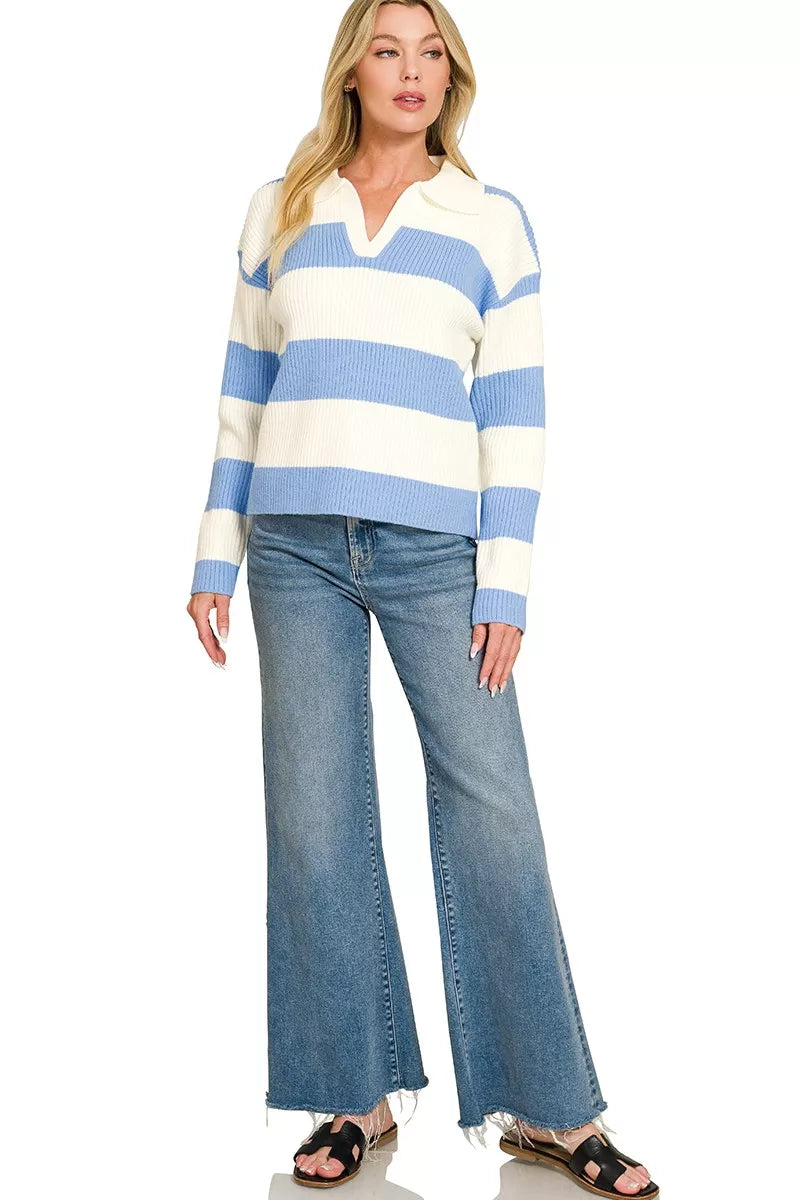 Zenana Striped Collared Sweater