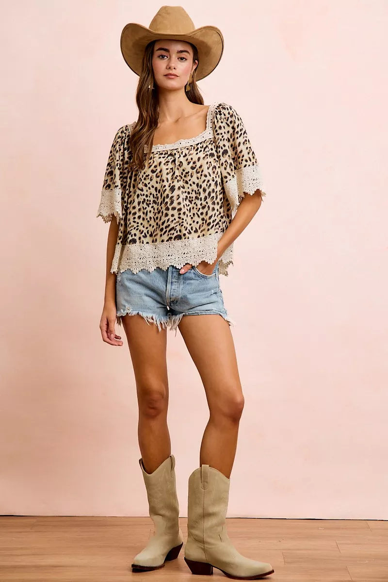 BiBi Leopard Lace Mix And Match Square Neckline Top