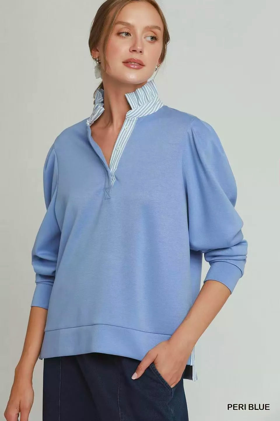 Umgee Stripe Ruffle Neck Long Sleeve Top