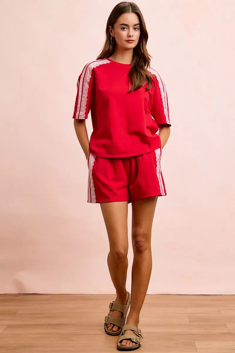 BiBi French Terry Side Lace Detail Short Sleeves Top
