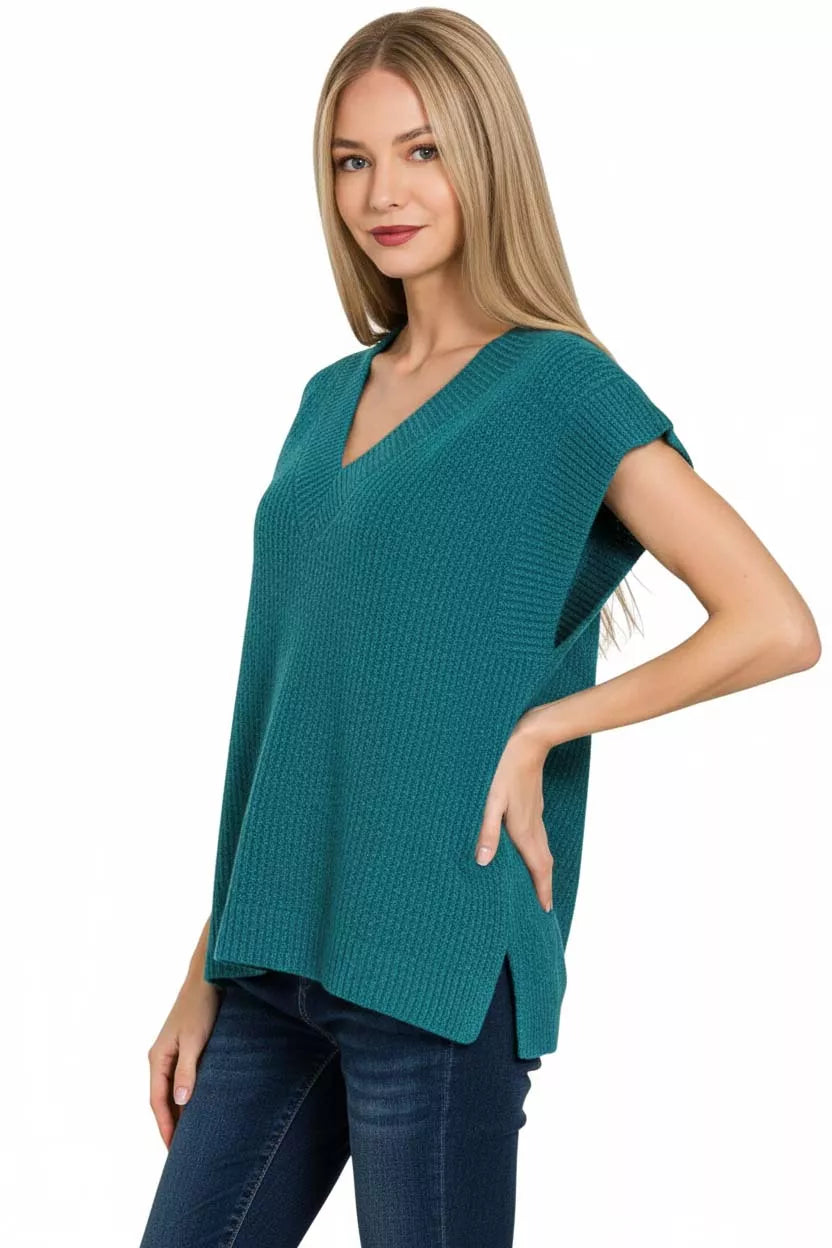 Zenana Ribbed Slit V-Neck Sweater Vest