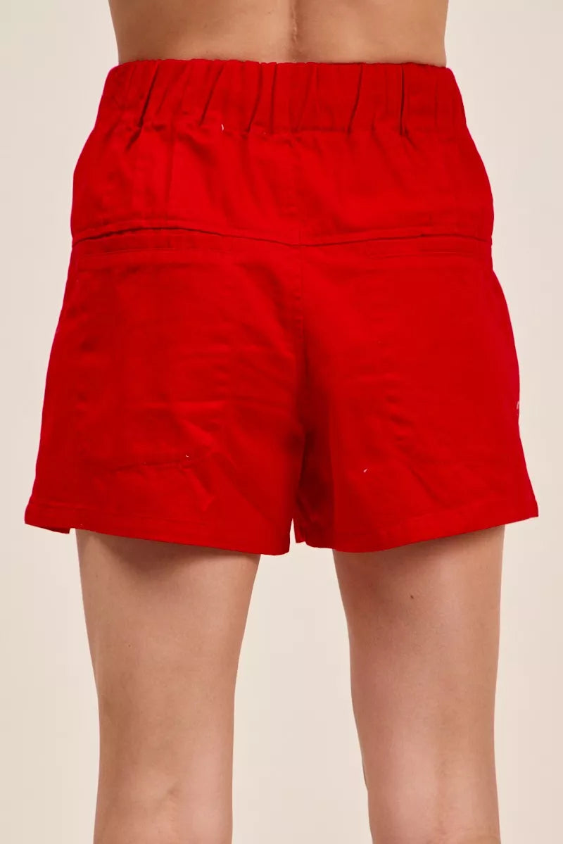 SO ME Solid Twill Denim Pintucked Buttoned Shorts With Waist Tie