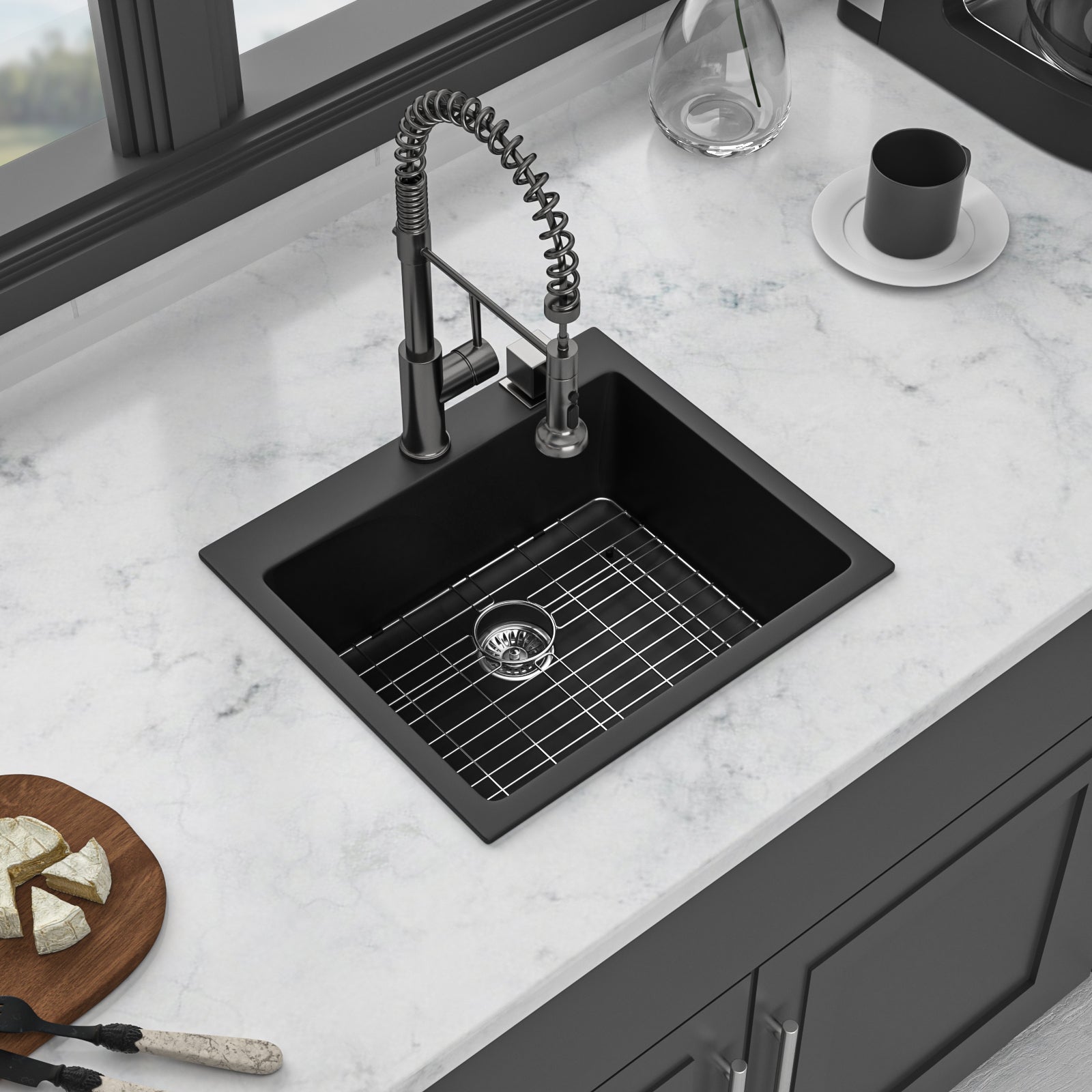 Quartz Kitchen Sink - 25 x 22 Inch Black Granite Composite Drop-In Sink