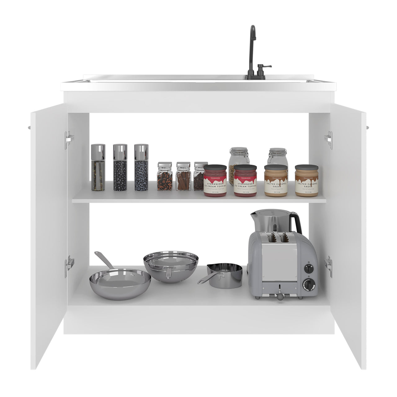 Napoles Utility Sink with Faucet Inclued and Integrated Stainless Steel Counter top, Freestanding cabinet with two doors, Metal Handles and Two interior shelves, White