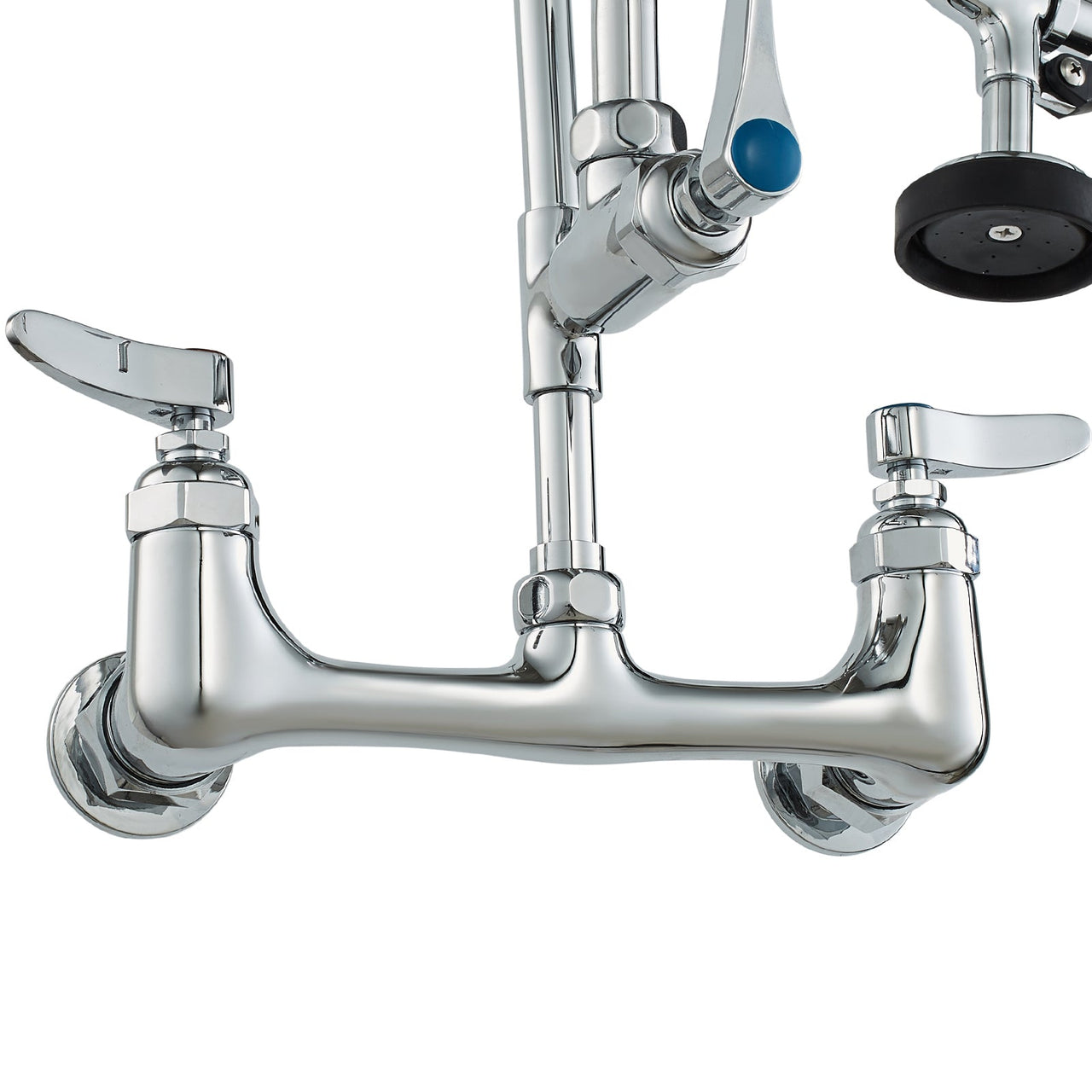 Commercial Faucet with Pre-Rinse Sprayer, 25' Height, 8' Center, 12' Swing Spout, Wall Mount Kitchen Sink Faucet, Brass Constructed Device with Pull Down Spray, for 1/2/3 Compartment Sink