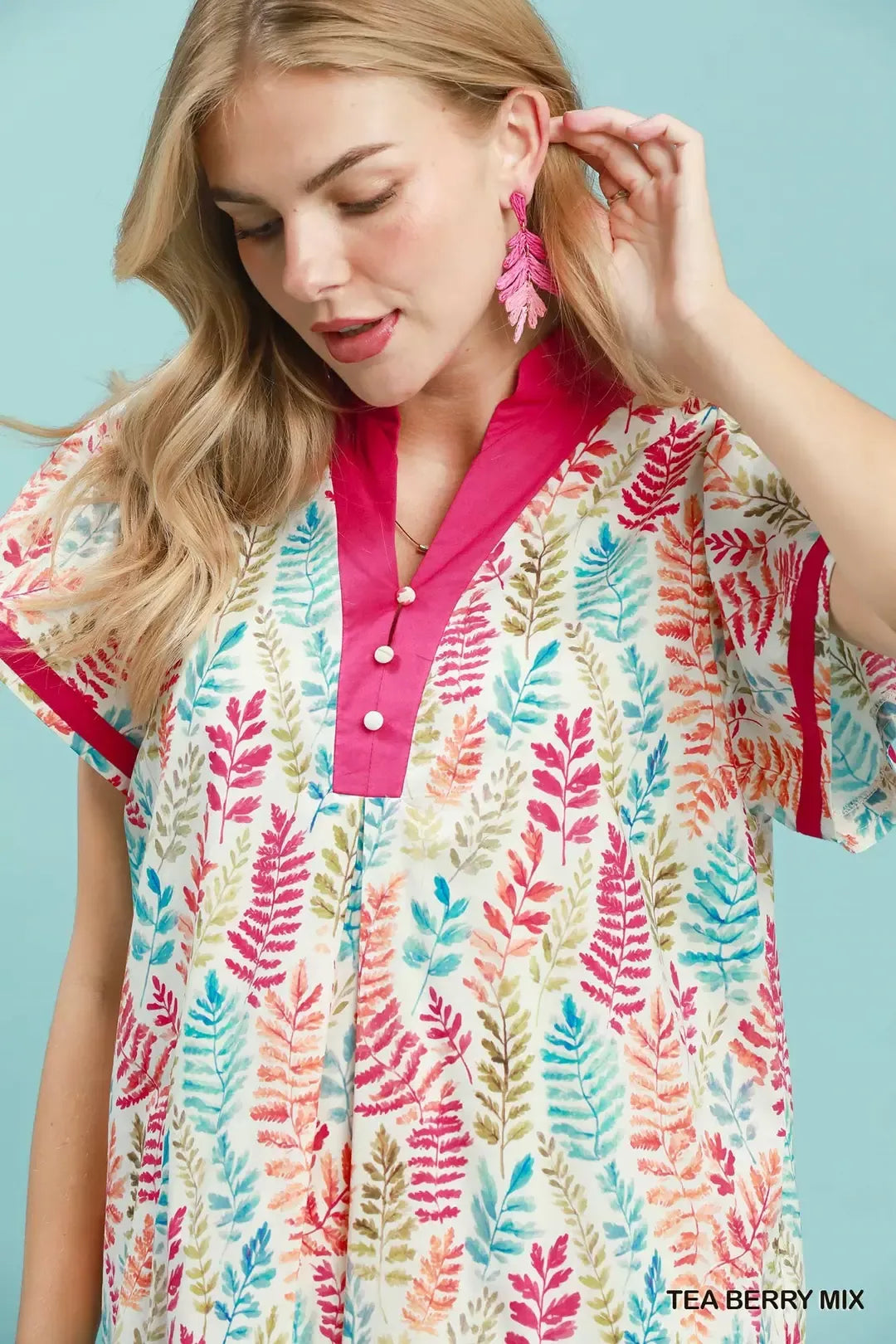 Umgee Leaf Print Flutter Sleeve Tiered Mini Dress