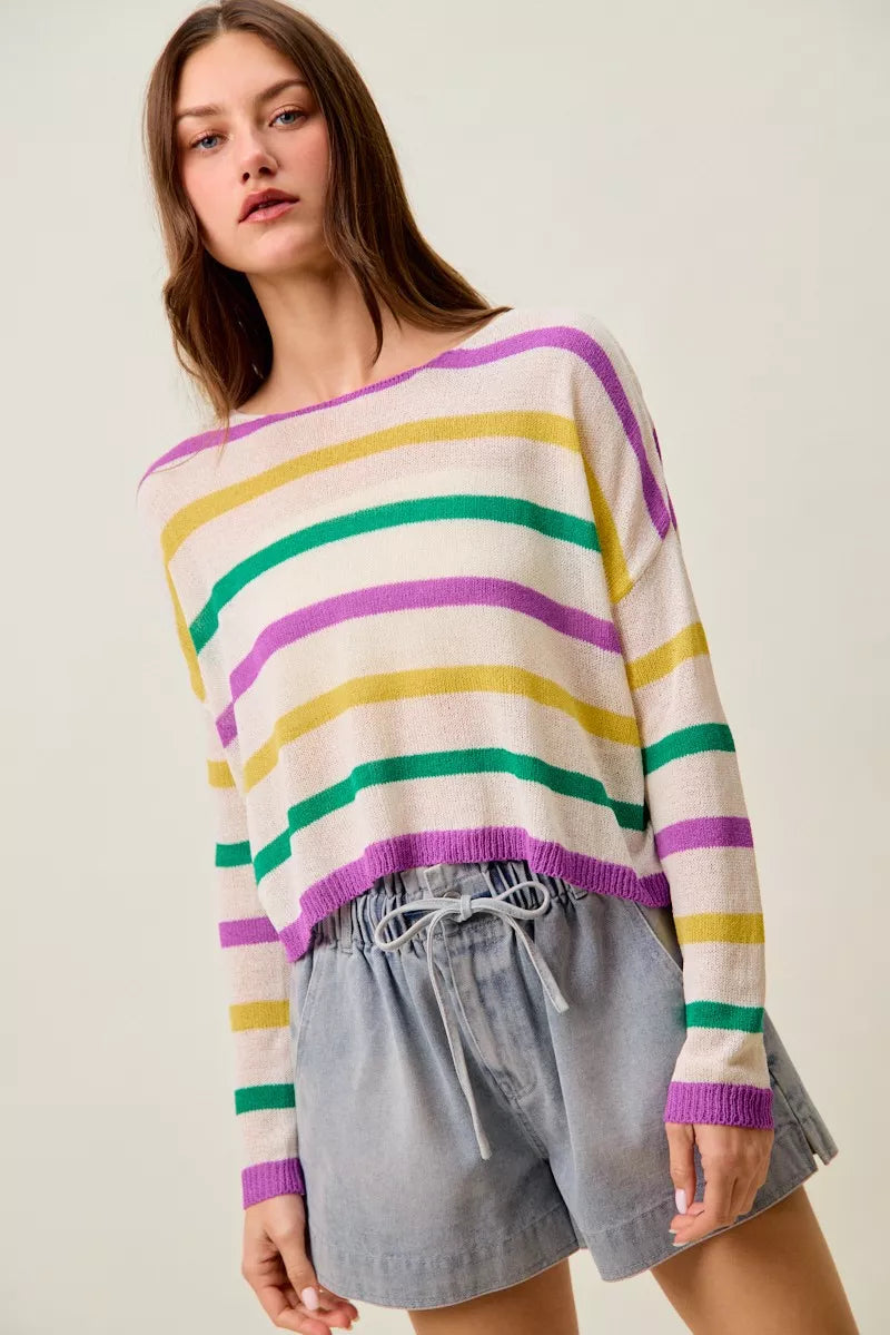 SO ME Mardi Gras Color Stripe Lightweight Sweater Top
