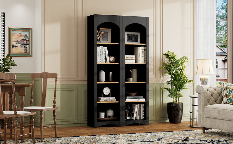 ON-TREND Free Standing 5 Tier Bookshelves, Bookcases Set of 2, Farmhouse Two-Tone Storage Cabinet with Adjustable Shelves, Modern 72'H Kitchen Pantry Cabinet for Living Room, Home Office, Black