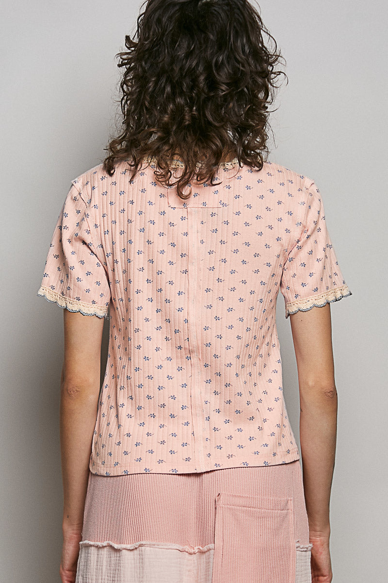 POL Floral V-Neck Short Sleeve Rib T-Shirt