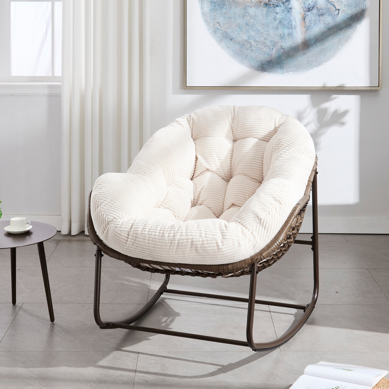 Outdoor Rattan Rocking Chair,Padded Cushion Rocker Recliner Chair Outdoor for Front Porch, Living Room, Patio, Garden, 
White