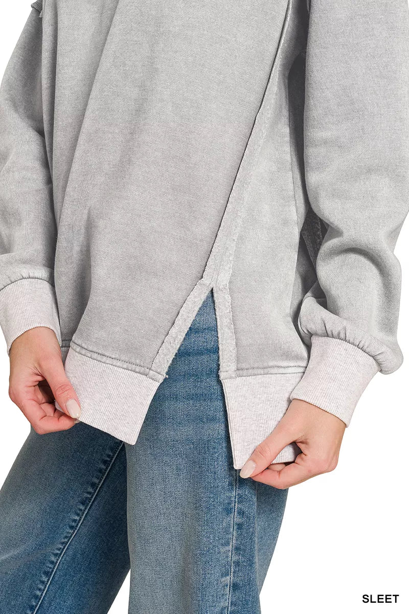 Zenana Fleece Acid Washed Contrast Trim Pullover