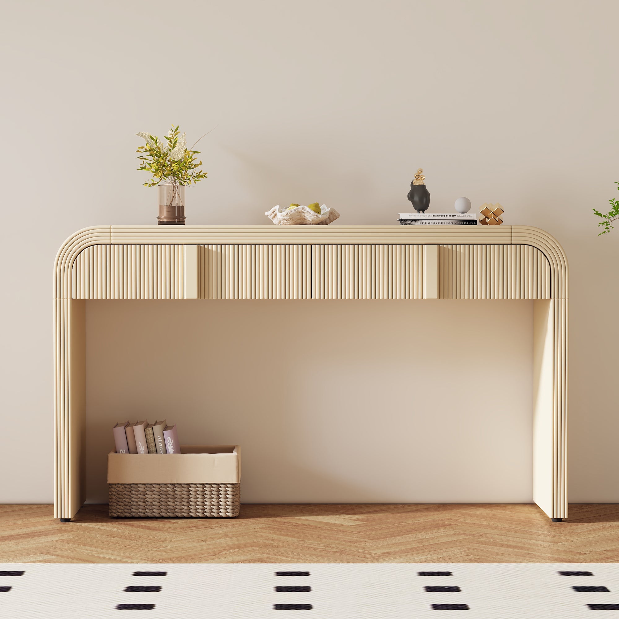 TREXM Modern Console Table with 2 Storage Drawers, Fluted Entryway Table with Rounded Silhouette for Hallway Living Room and Entryway (Apricot Cream)