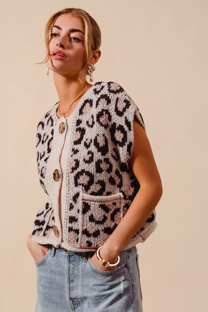 SO ME Big Metal Button Front Leopard Sweater Vest Top
