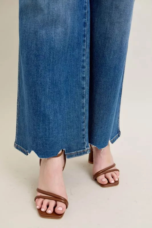 Judy Blue Full Size High Waist Tummy Control Chew Hem Destroyed Wide Jeans Plus Size