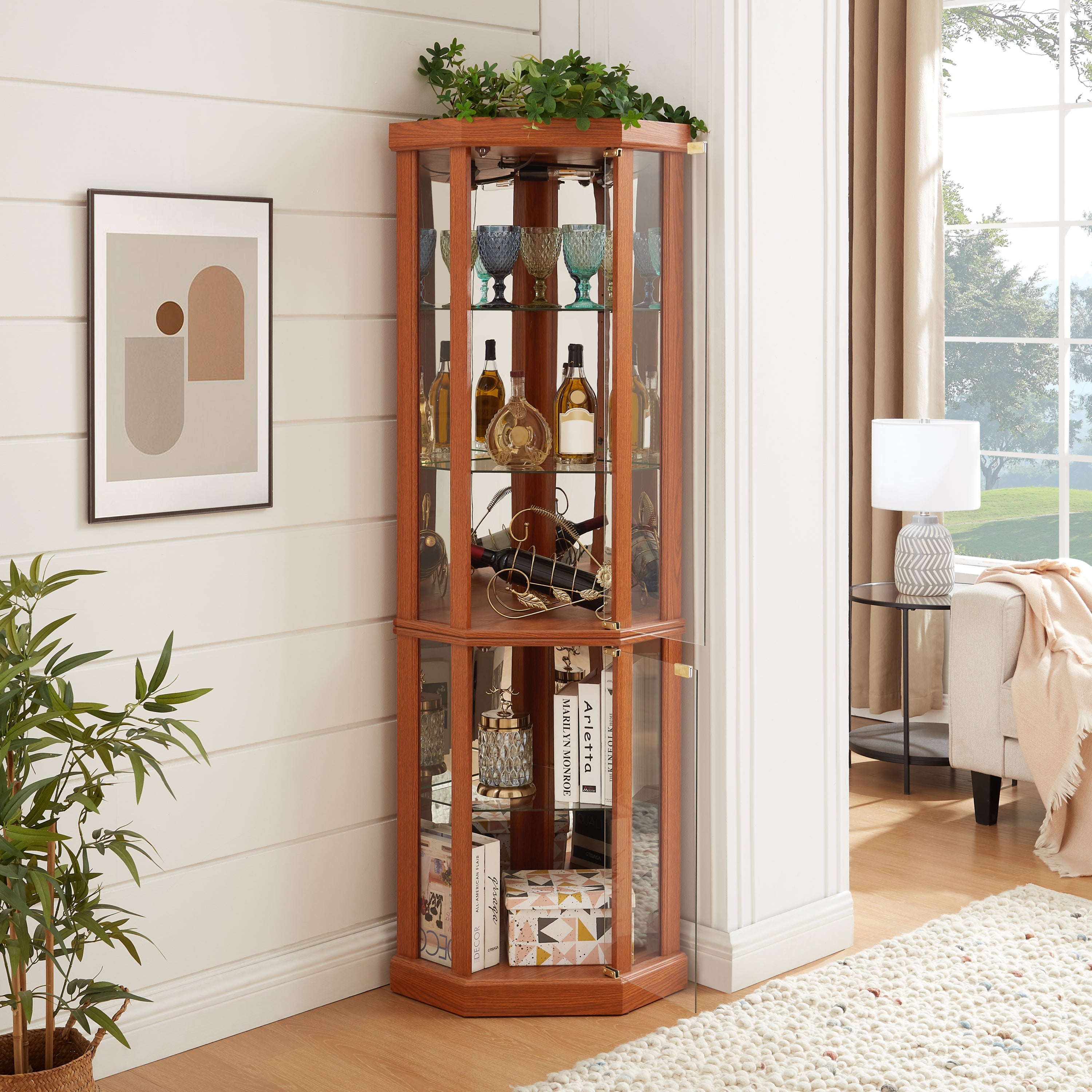 Corner Lighted Curio Cabinet Corner Glass Cabinet Lighted Curio Cabinet Corner Display Case for Living Room, Curio Cabinet, Antique collection, Wine,Bar Glass Storage Light Included,Dark oak