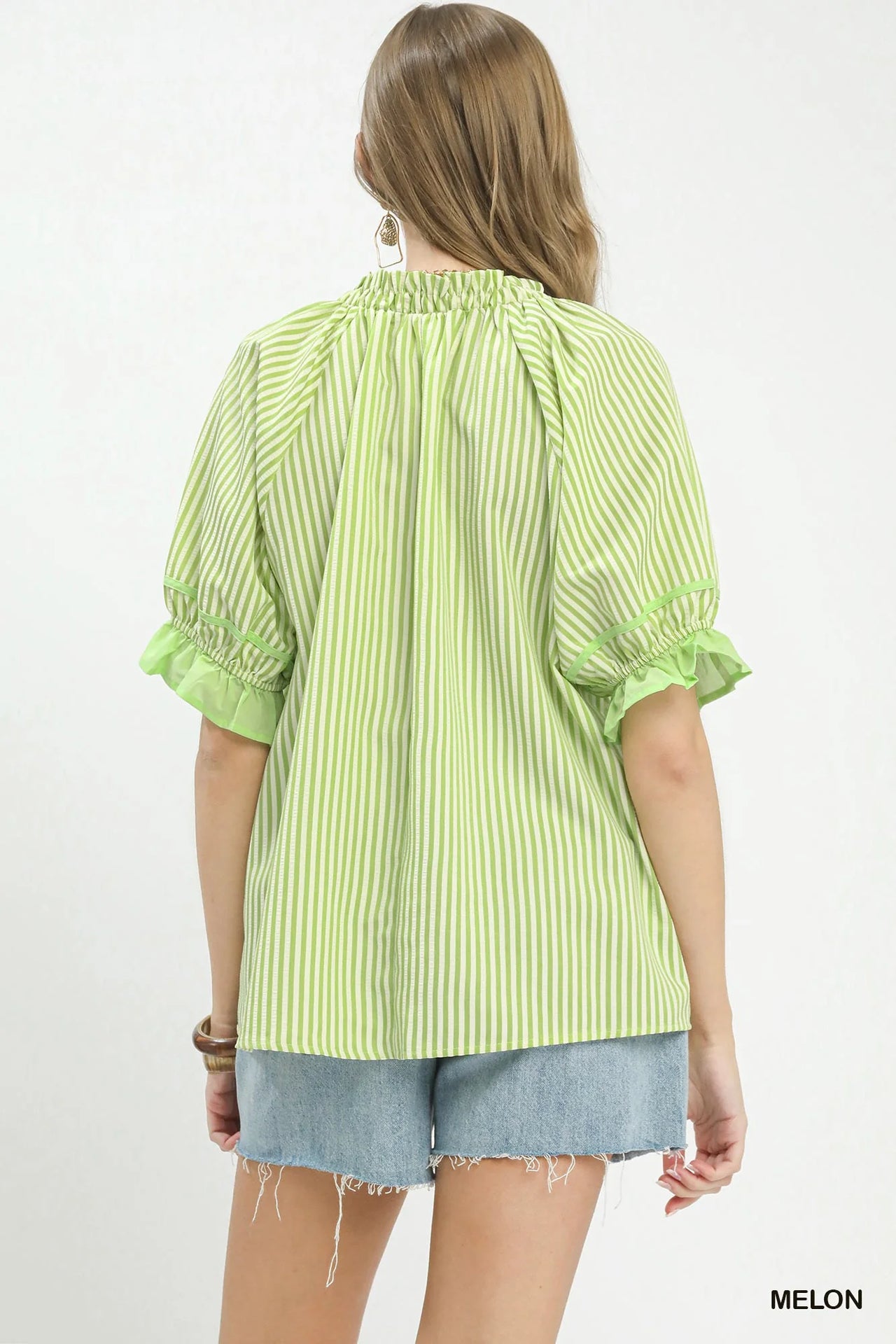 Umgee Stripe Ruffle Sleeve Split-Neck Blouse