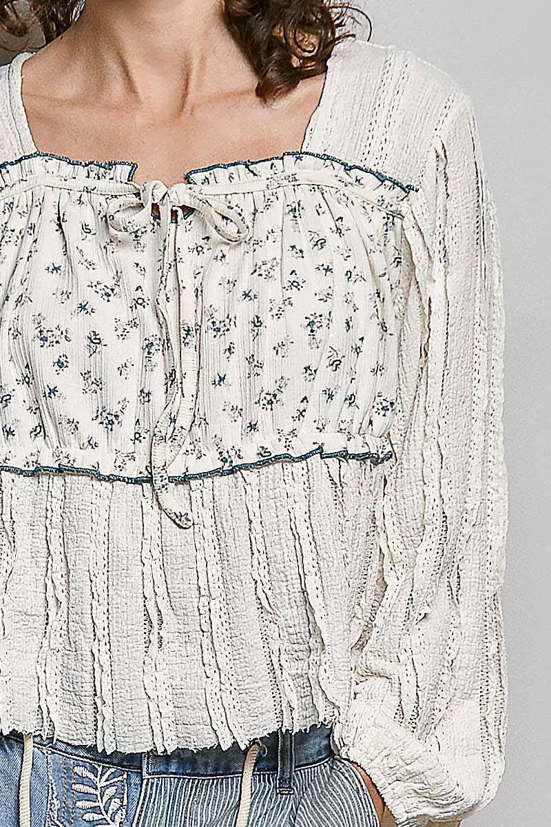 POL Square Neck Lace Long Balloon Sleeve Top