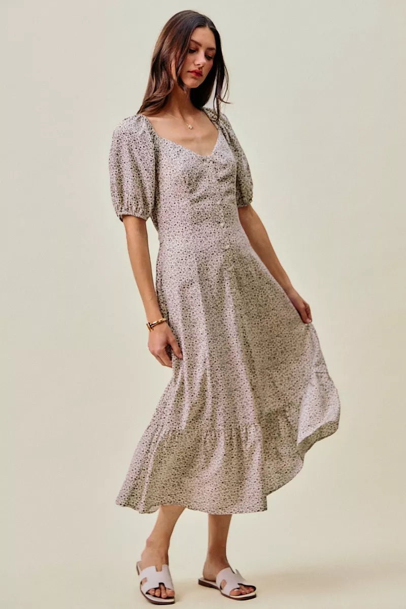 SO ME Ditsy Floral Self Belt On Elastic Waist Maxi Dress