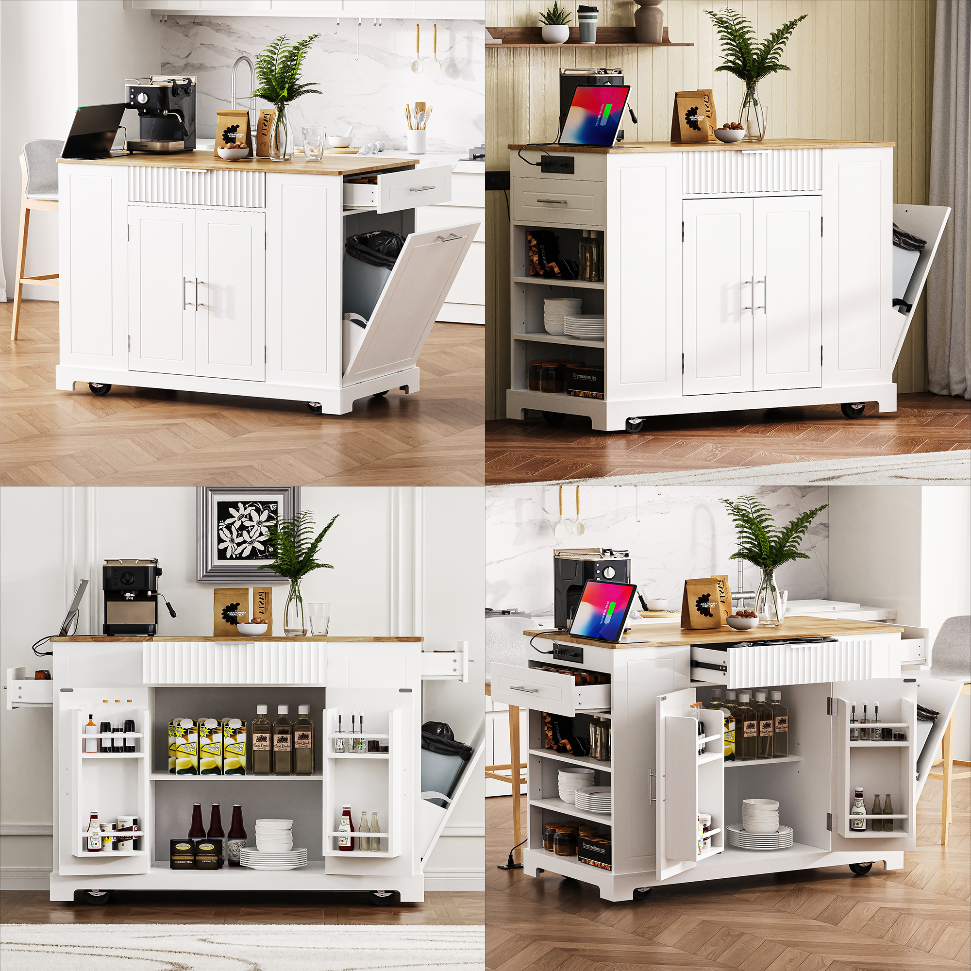 K&K Fluted Kitchen Island with Trash Can Storage Cabinet, Power Outlet, Internal Storage Rack, Rolling Kitchen Islands on 5 Wheels with 3 Drawer, 3 Open Side Racks for 10 Gallon Garbage Bin, White