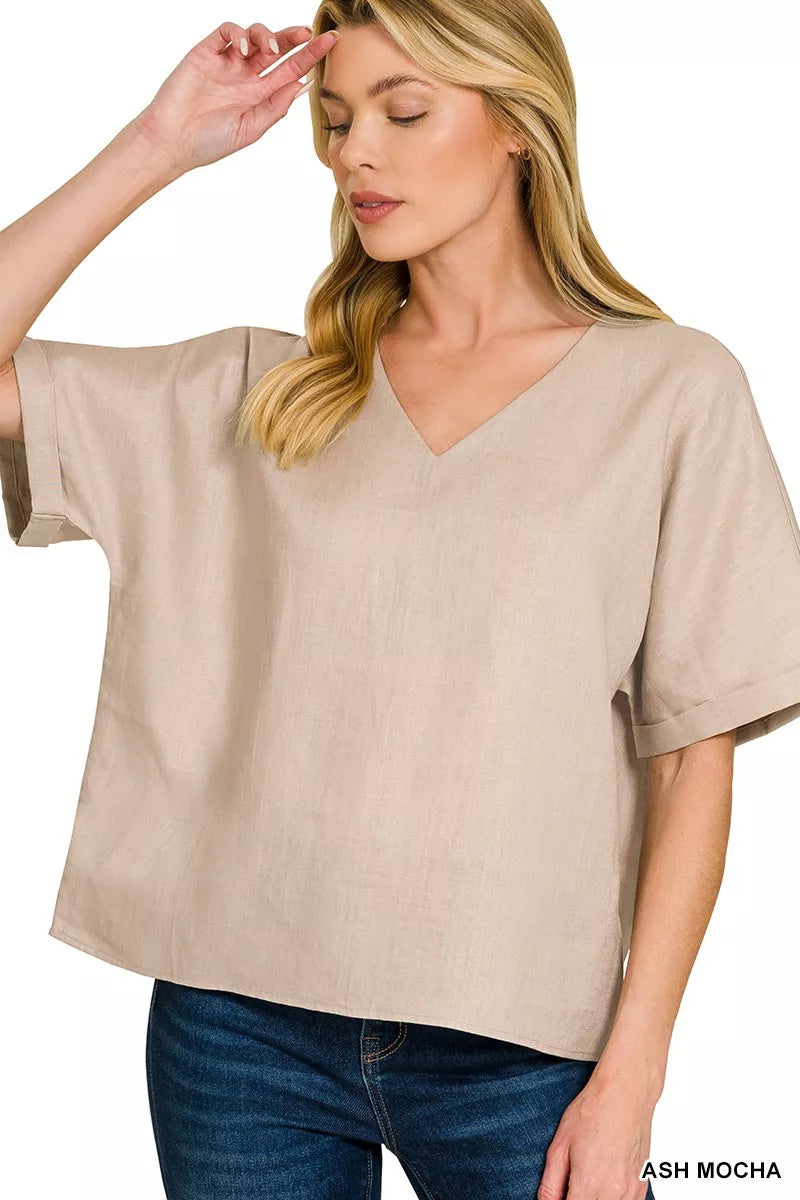 Zenana Linen V-Neck Cuffed Sleeve Top