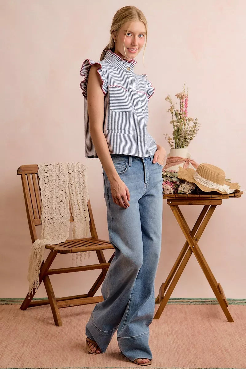 SO ME Stripe Twill Stitch Ruffled Hidden Button Vest Top