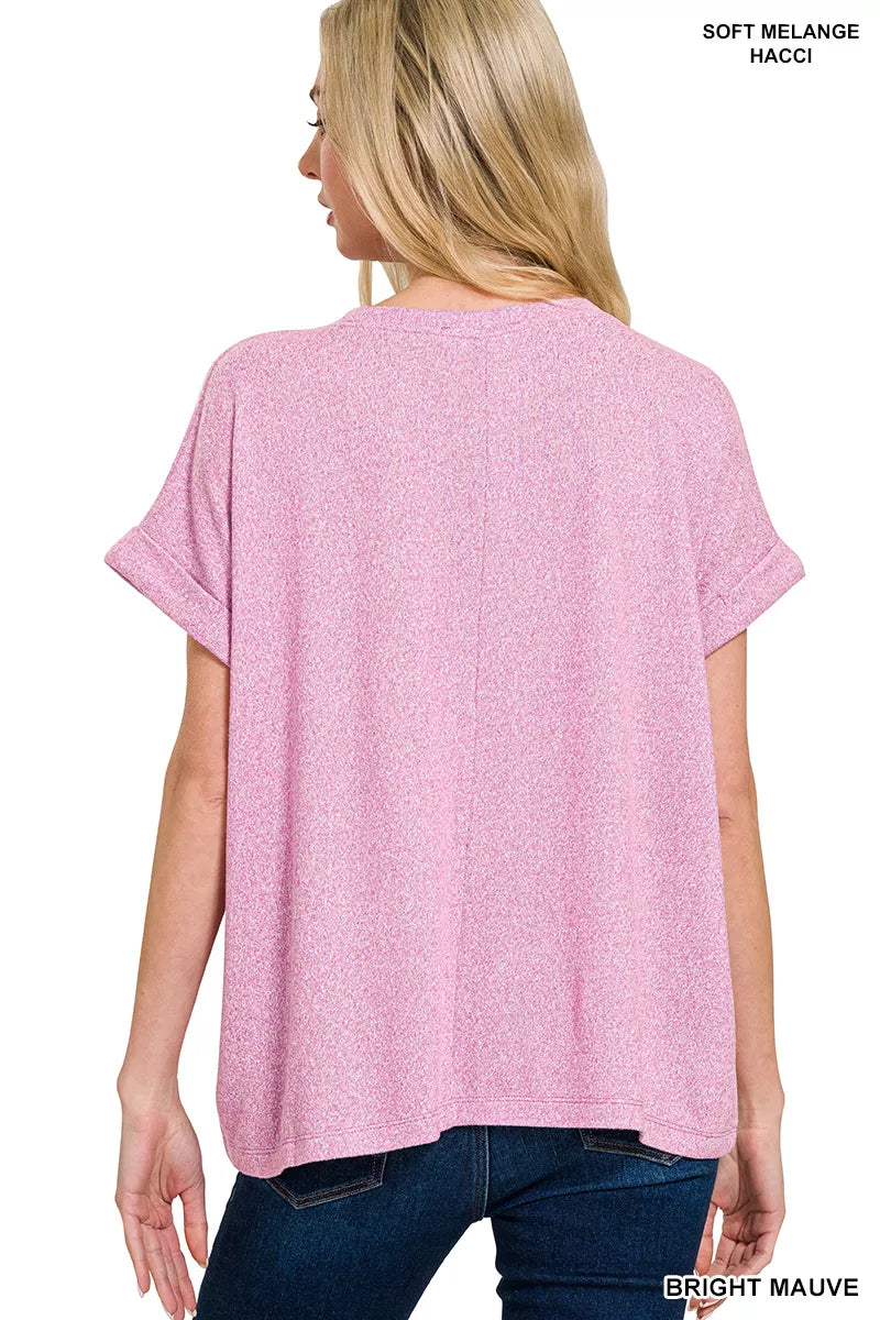 Zenana Soft Melange Hacci Short Sleeve Round Neck Top