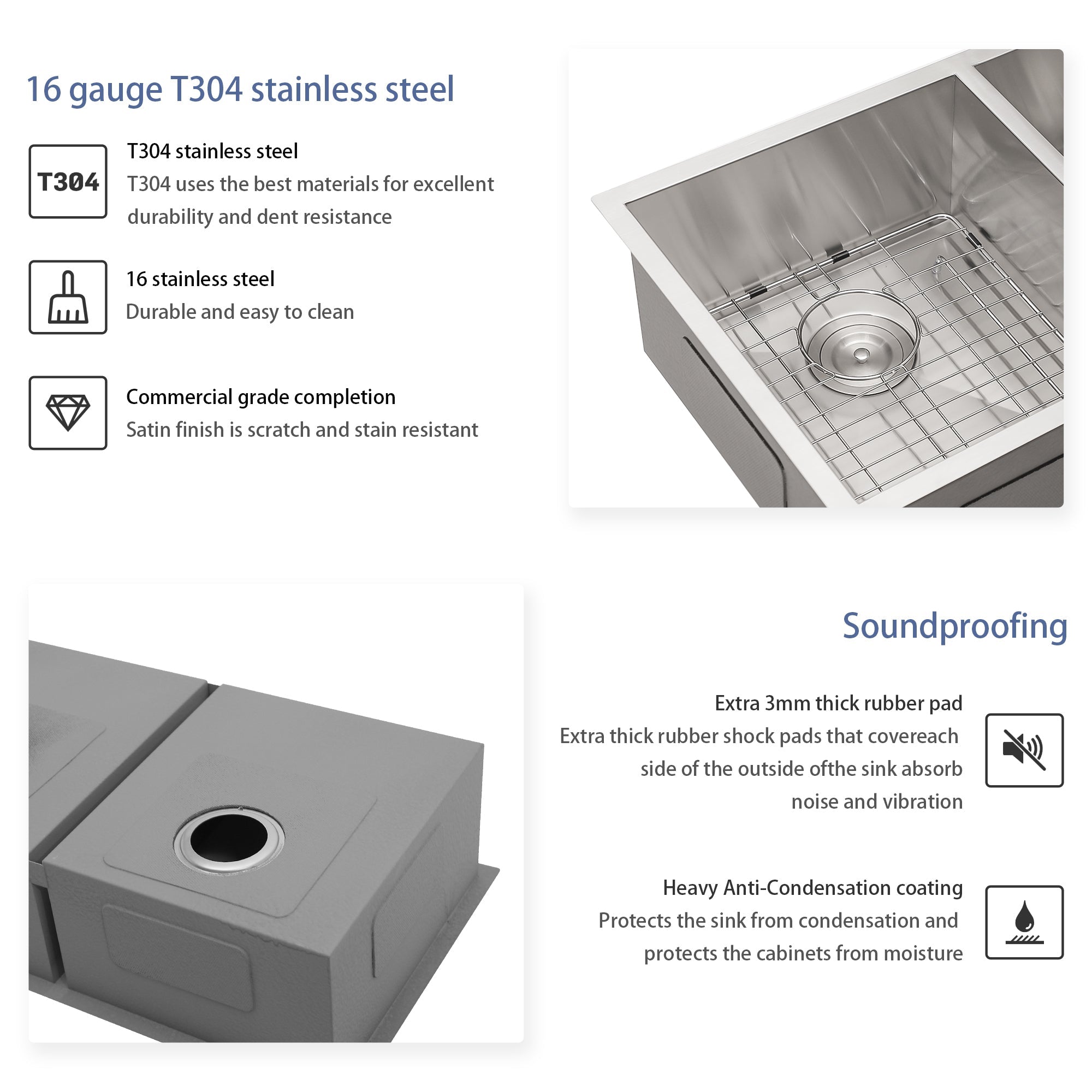 Brushed Nickel Undermount Double Bowl Kitchen Sink 33 x 19 in 16 Gauge Stainless Steel with 9 Inch Deep Basin