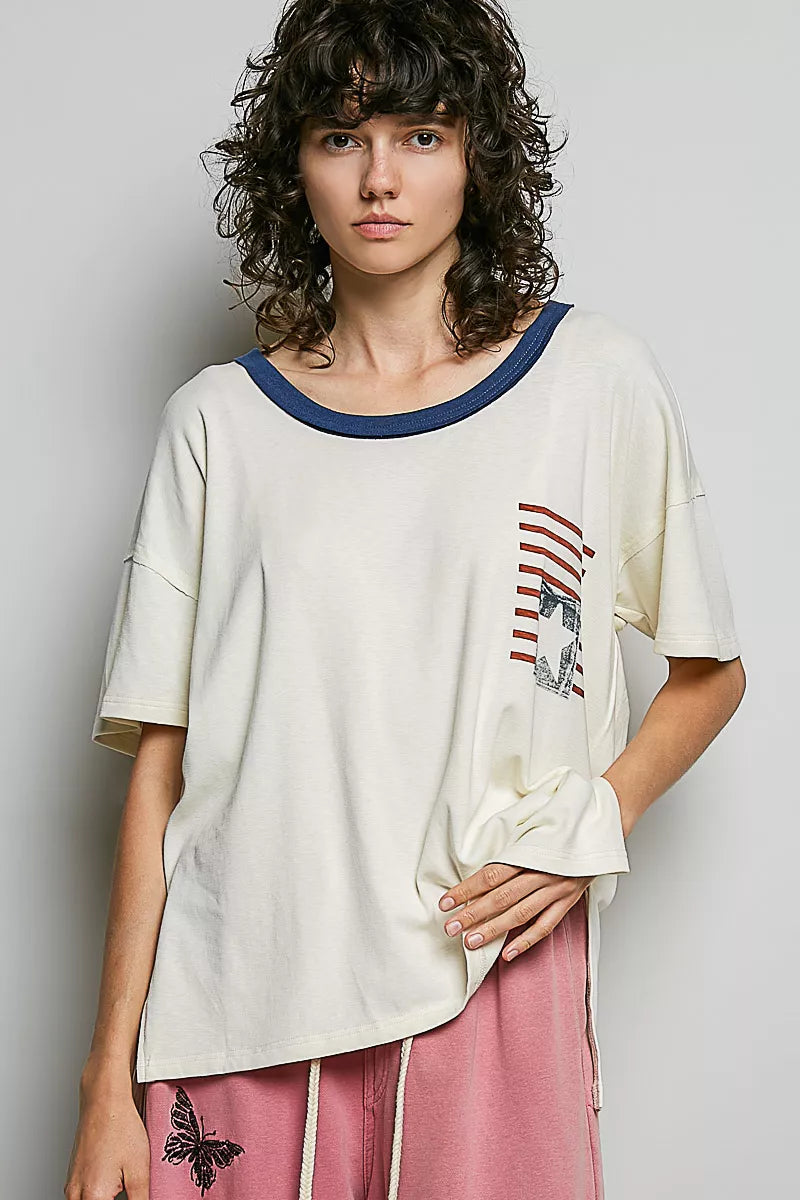 POL American Flag Color Block Side Slit Cotton Top