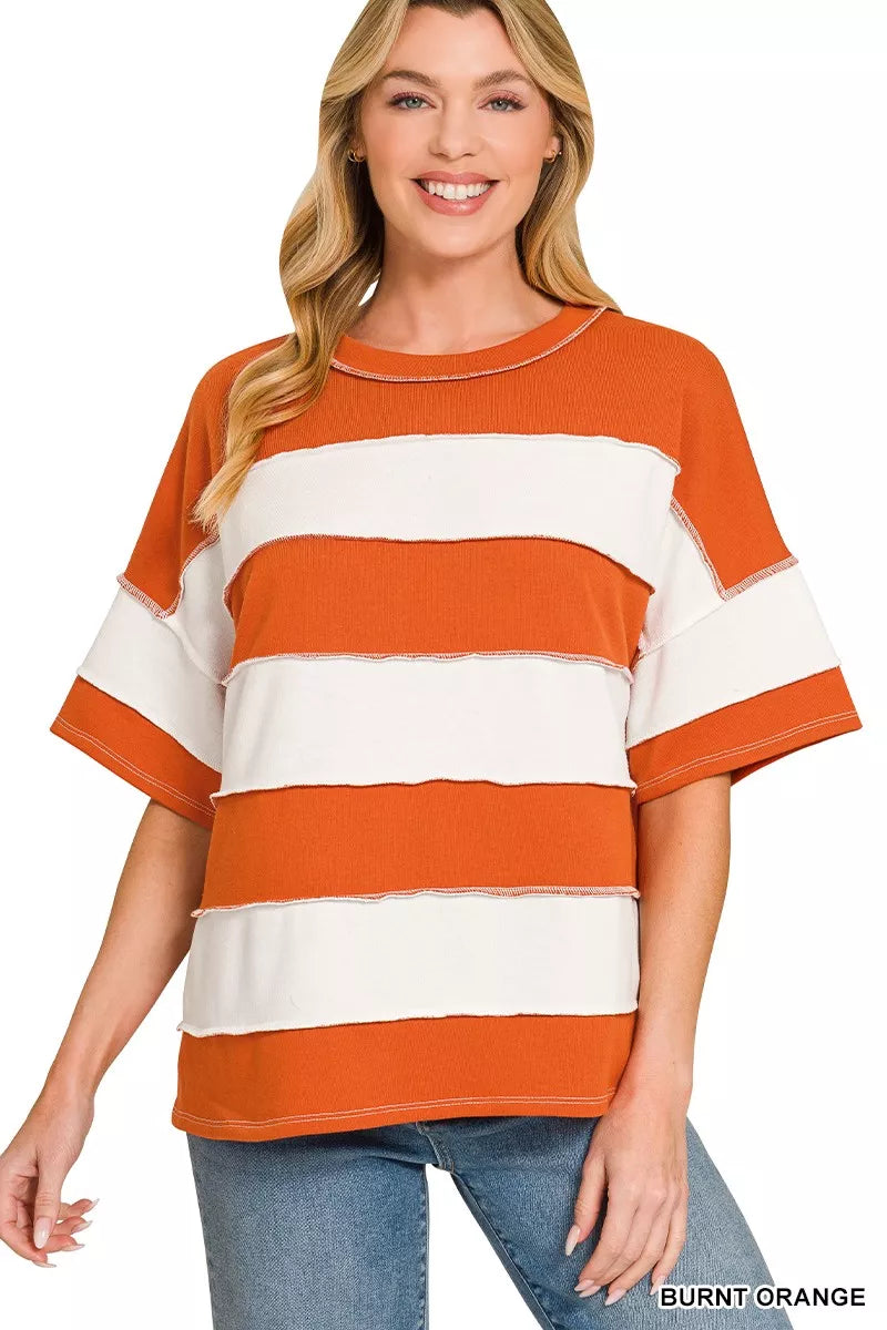 Zenana French Terry Striped Exposed Seam Top