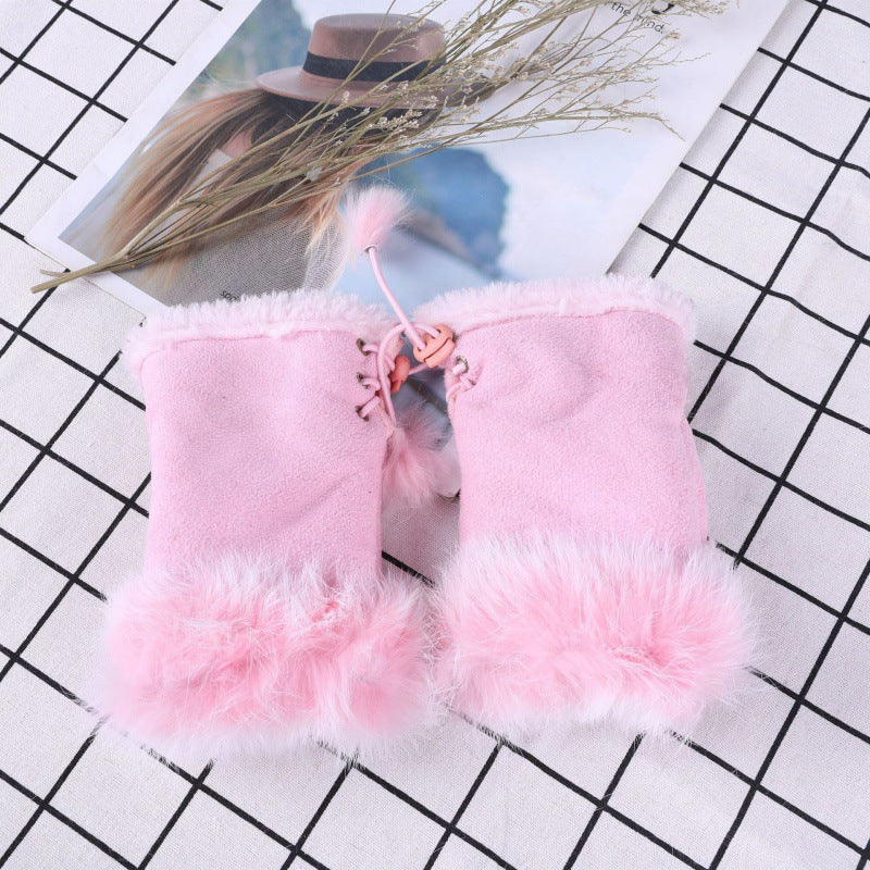 Suede Rabbit Hair Half Finger Gloves