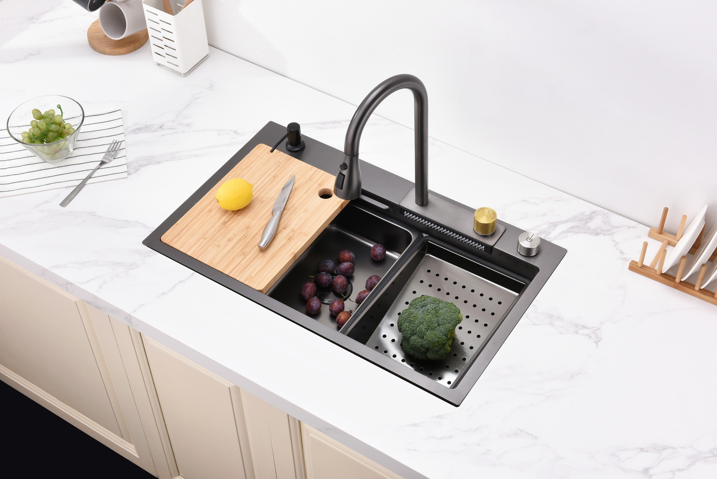 Waterfall Kitchen Sink, Stainless Steel Single Bowl in Black, Multifunctional Workstation with Flying-rain Faucet and Cutting Board, 30×18″ Stainless Steel Single Bowl Sink, LS-SSBL05