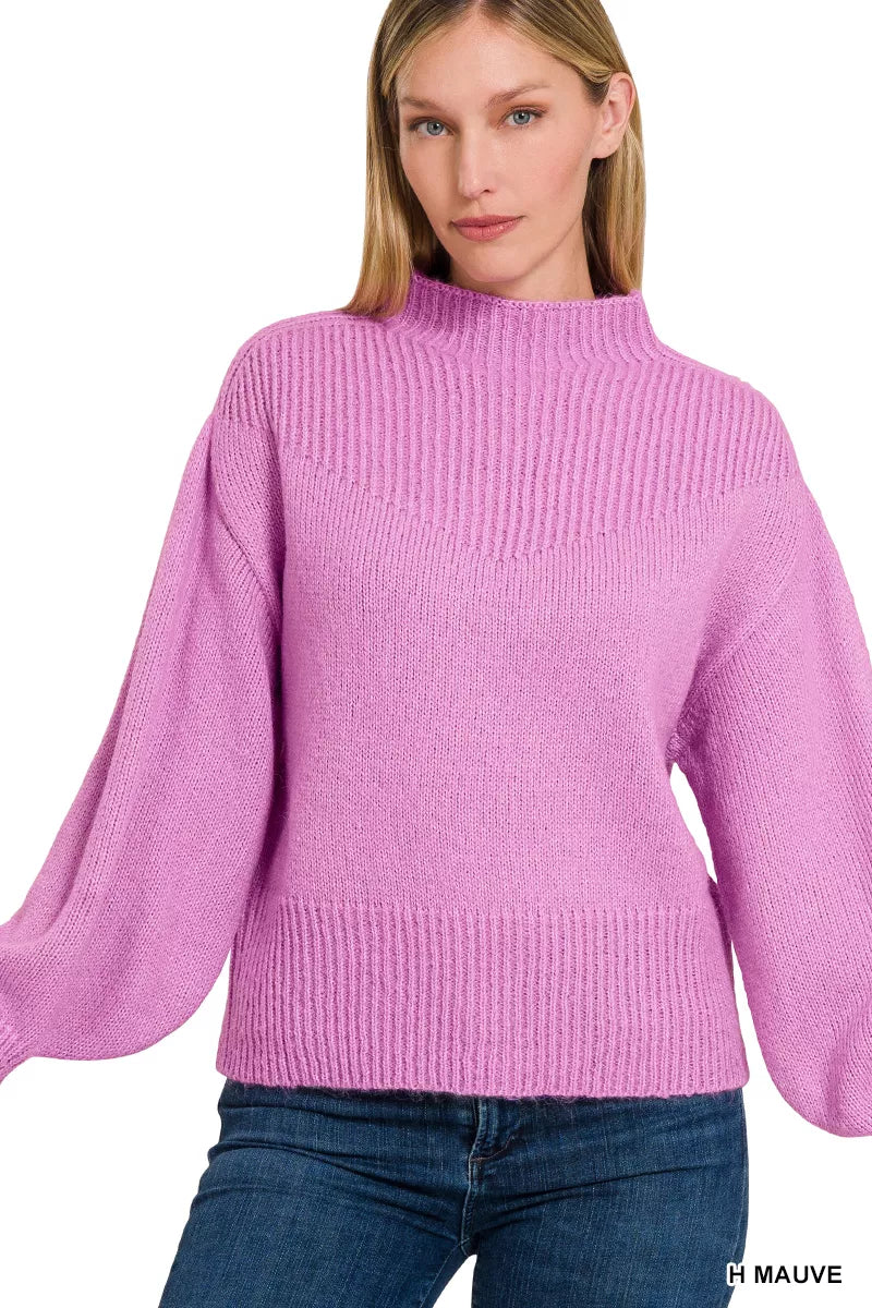 Zenana Balloon Sleeve Mock Neck Sweater