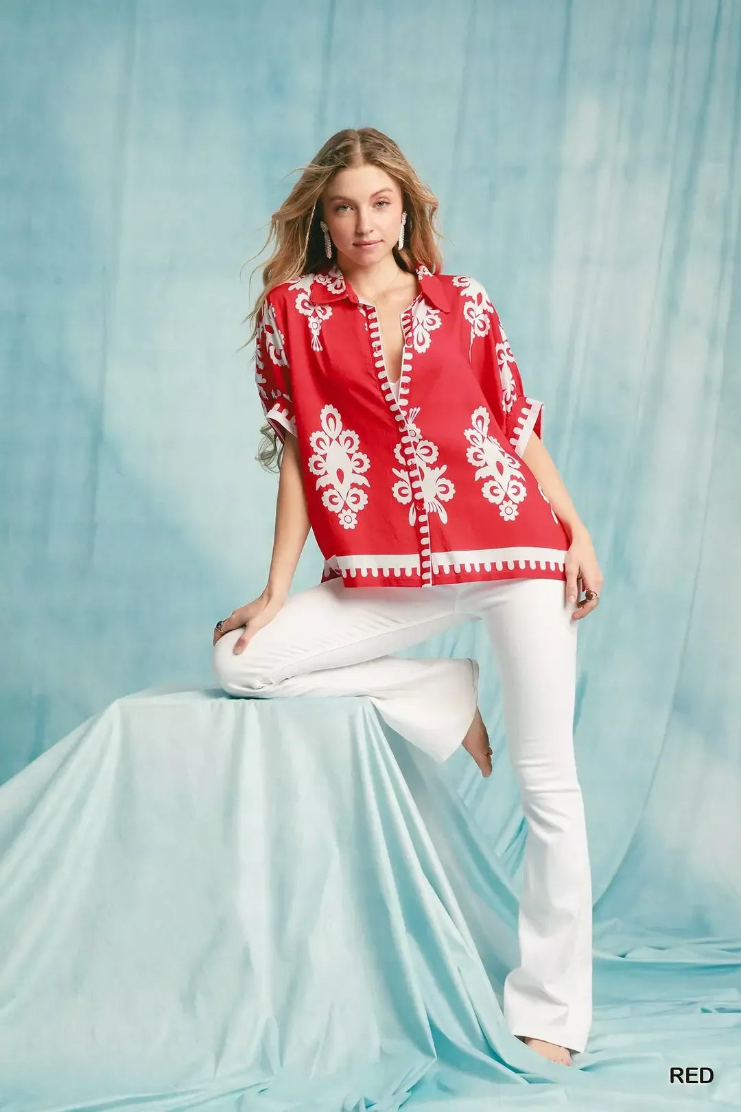 Umgee Abstract Print Button Down Short Sleeve Shirt