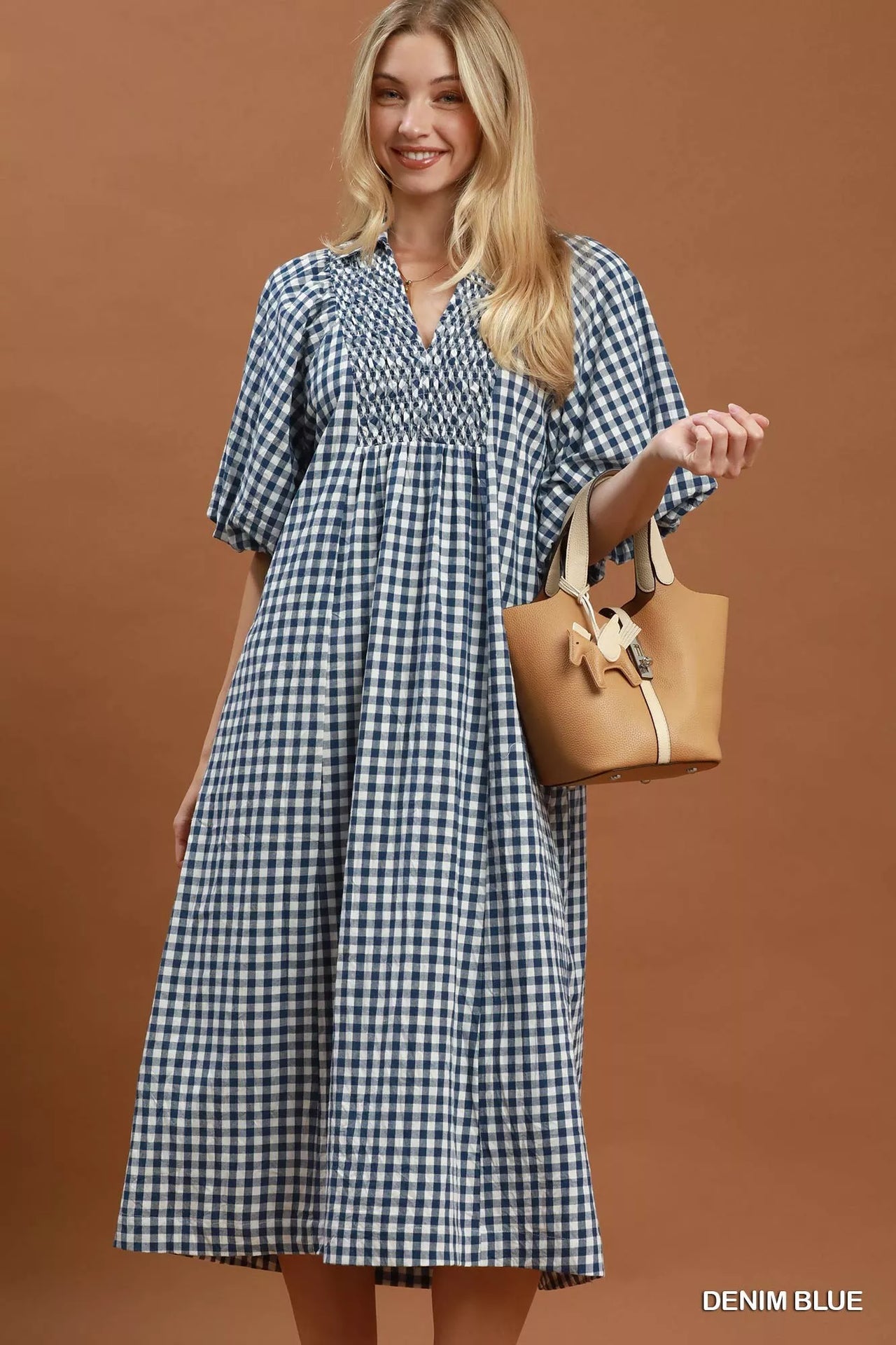 Umgee Puff Sleeve Plaid Midi Dress