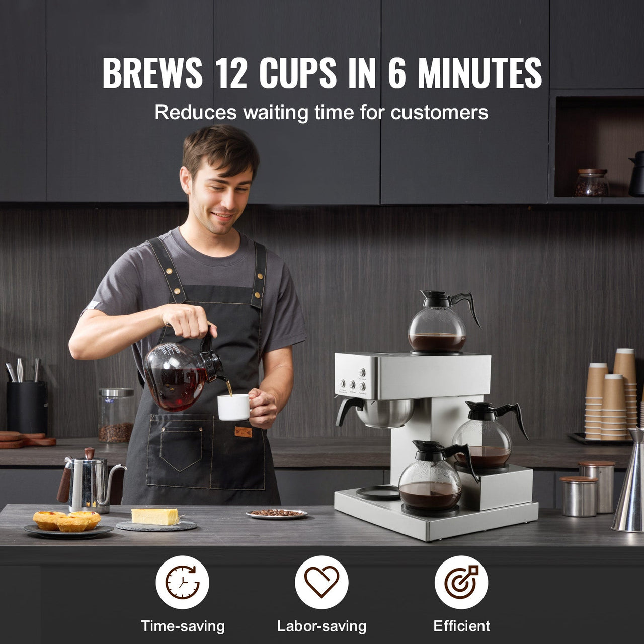 Commercial Drip Coffee Maker, 12 Cups Coffee-Maker Machine with 4 Glass Carafes and 4 Decanter Warmer Plates, Stainless Steel Drip Style Coffee Brewer, for Restaurant, Office, Coffee Shop & Home