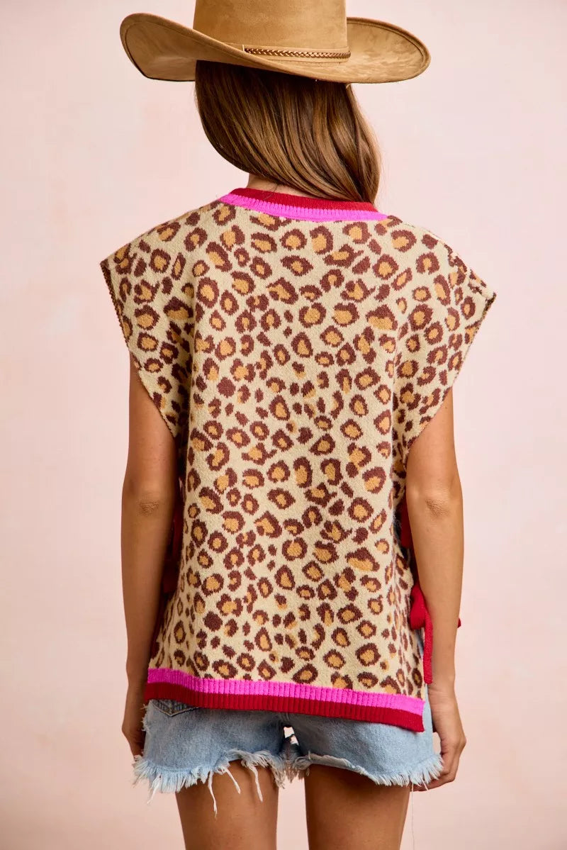 BiBi Leopard Pattern Side Tied Sweater Vest Top