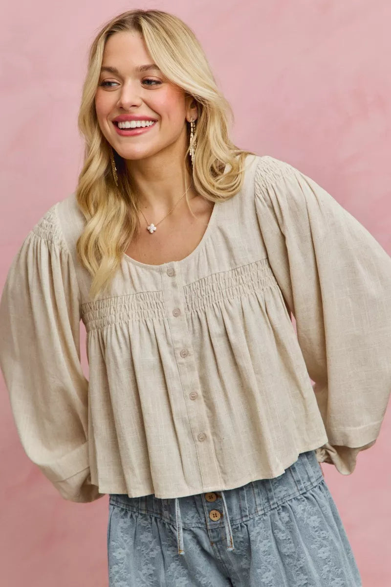 SO ME Linen Blend Woven Long Sleeve With Smocking Top