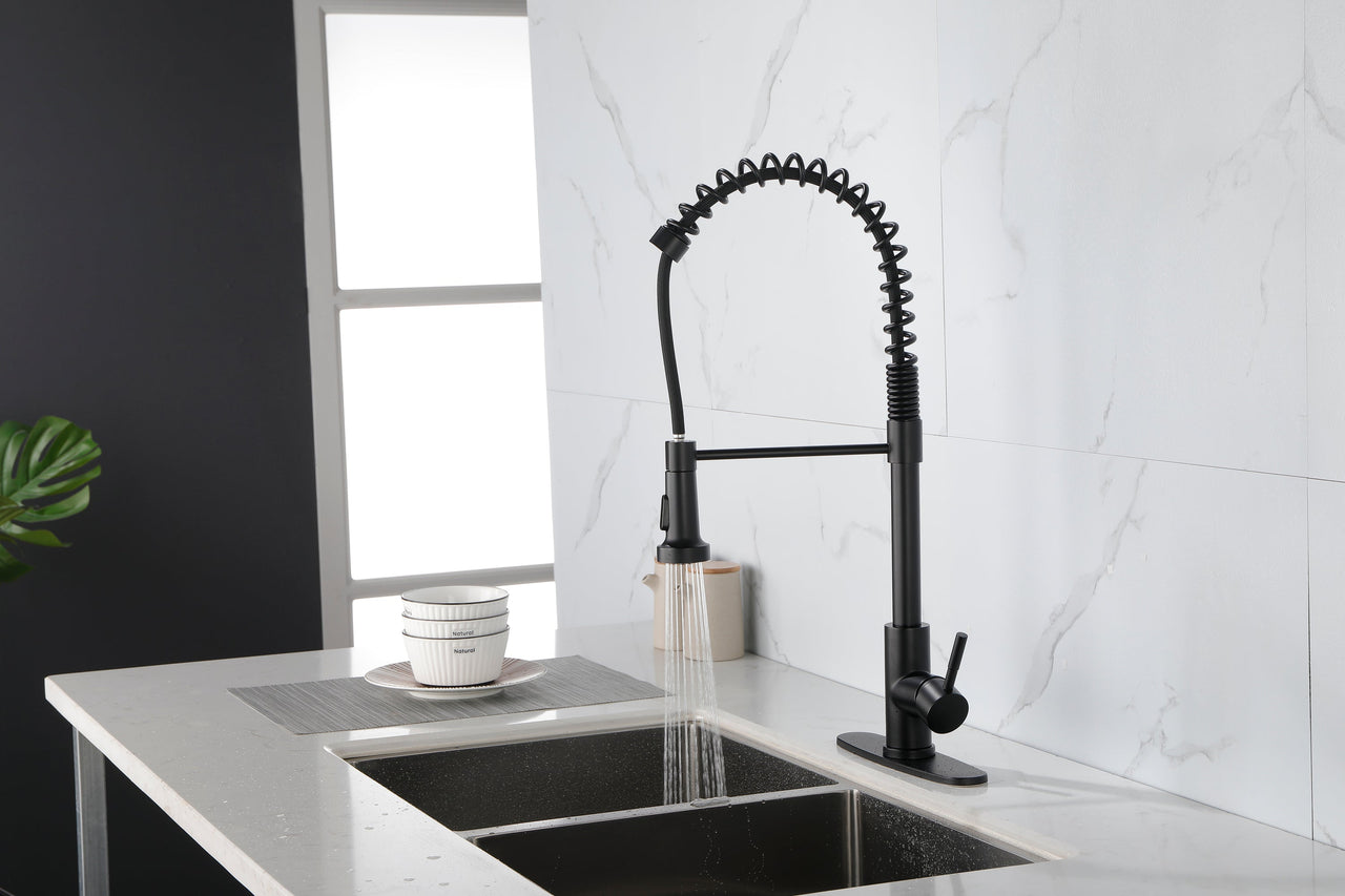 Spring kitchen faucet with pull-out sprayer, stainless steel single handle single hole kitchen sink faucet