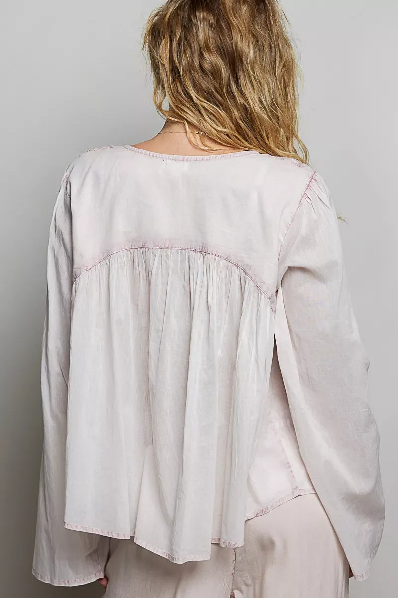 POL Embroidered Gathered Shoulder Long Sleeve Shirt