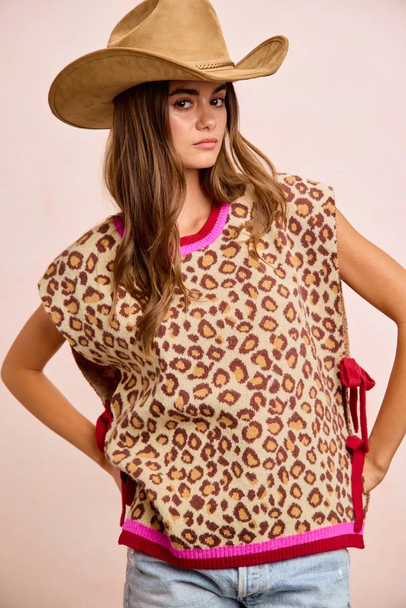 BiBi Leopard Pattern Side Tied Sweater Vest Top
