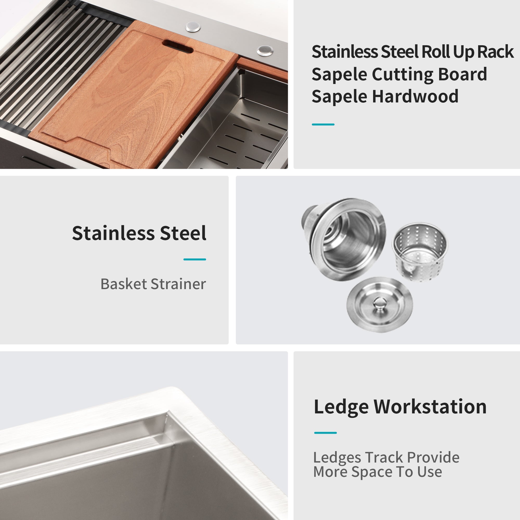 Brushed Nickel Stainless Steel Drop-in Kitchen Sink with Ledge Workstation, 33x22 Inch, 16 Gauge