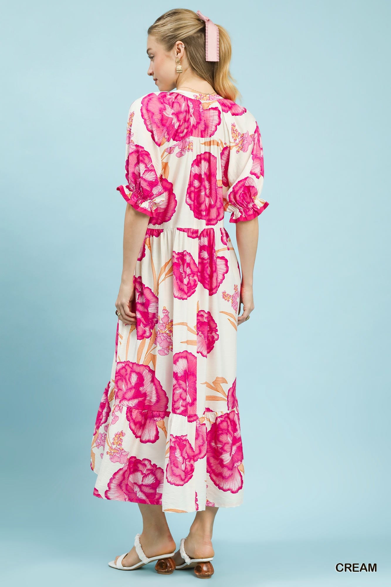 Umgee Floral Print Midi Dress with Contrast Trim