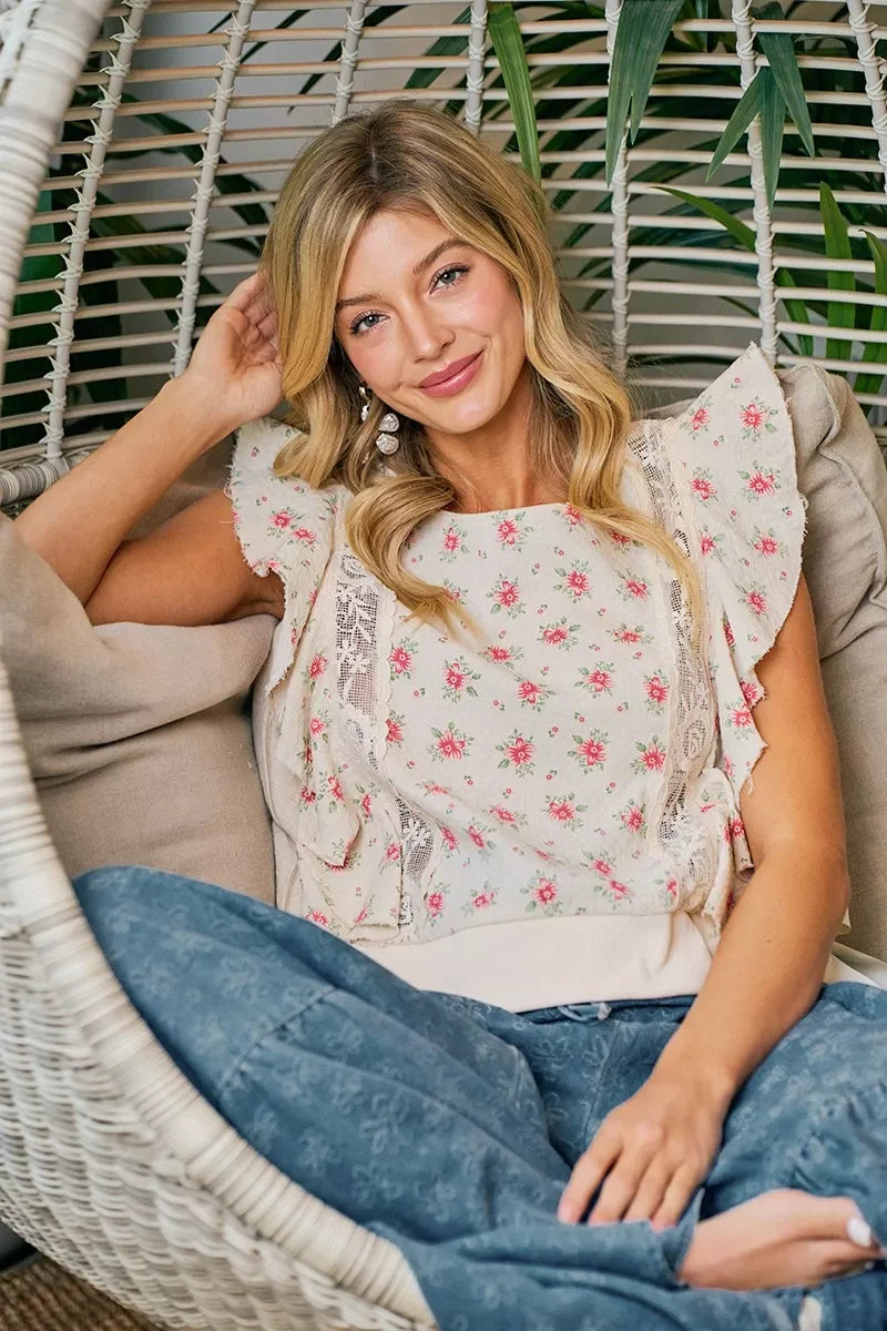 BiBi Flower Printed Ruffle Sleeve Trim Detail Top