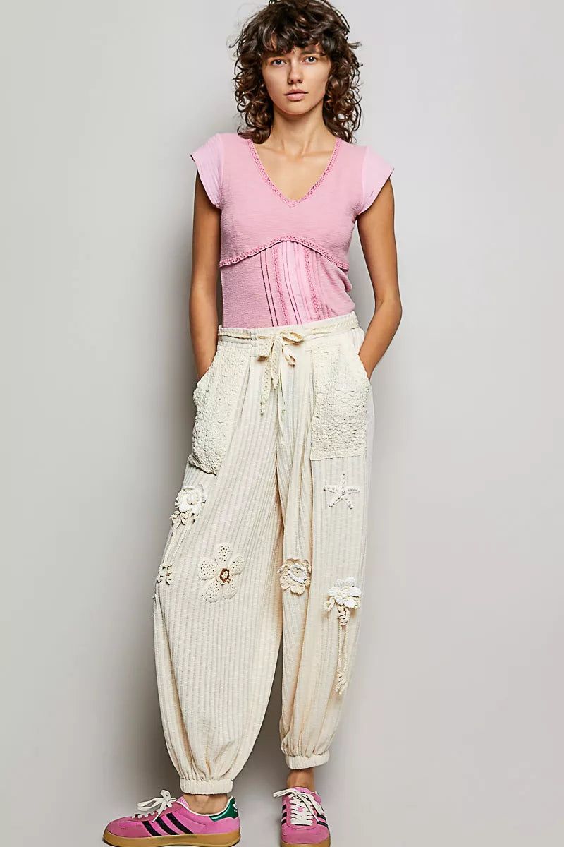 POL V-Neck Lightweight Textured Short Sleeve Knit Top with Lace Trim