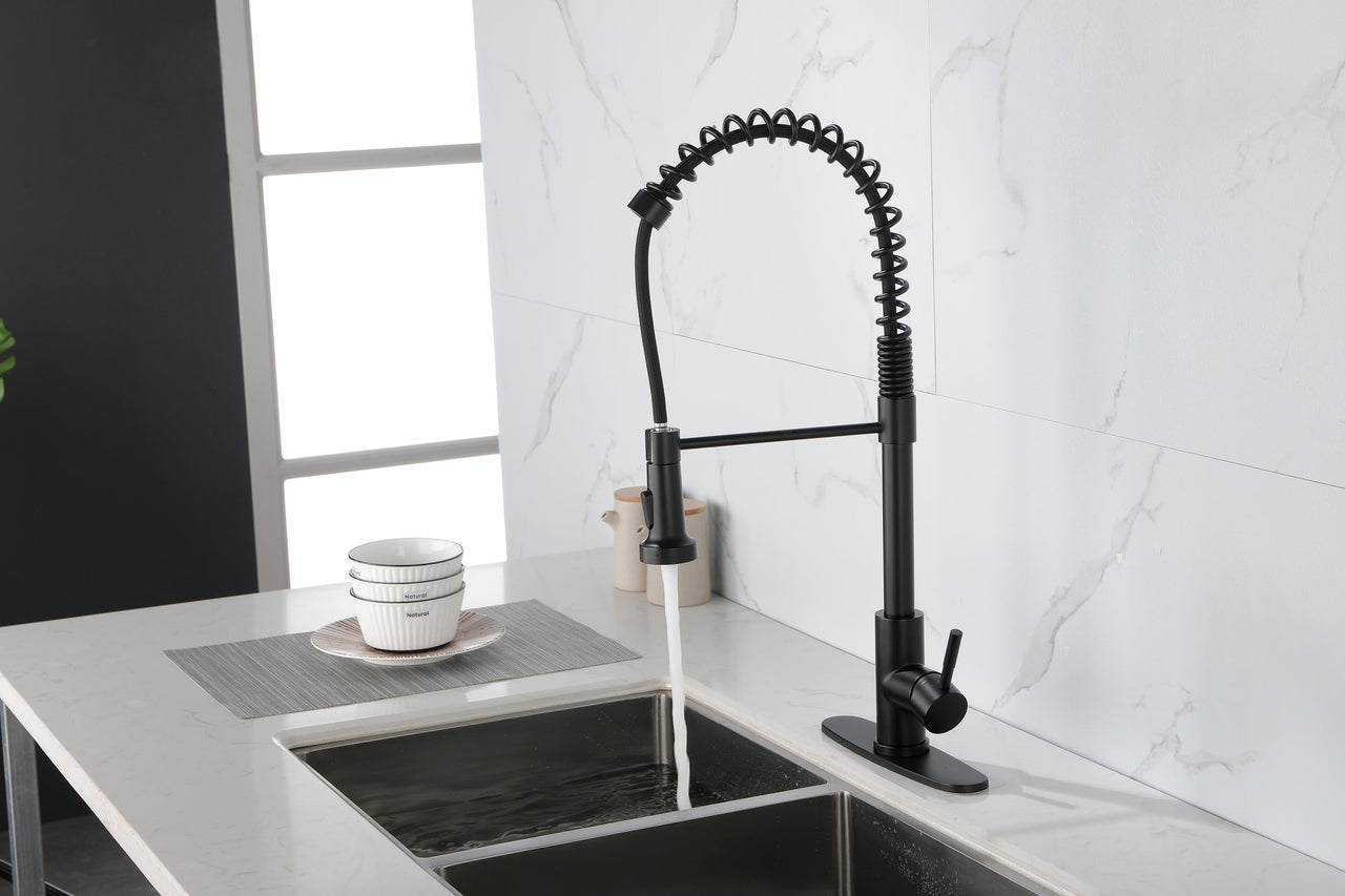Spring kitchen faucet with pull-out sprayer, stainless steel single handle single hole kitchen sink faucet