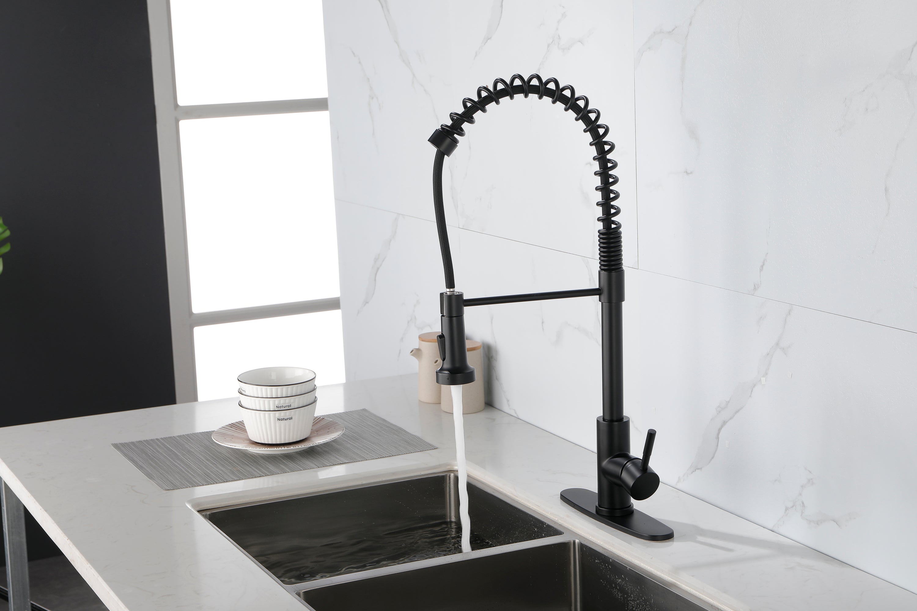 Spring kitchen faucet with pull-out sprayer, stainless steel single handle single hole kitchen sink faucet