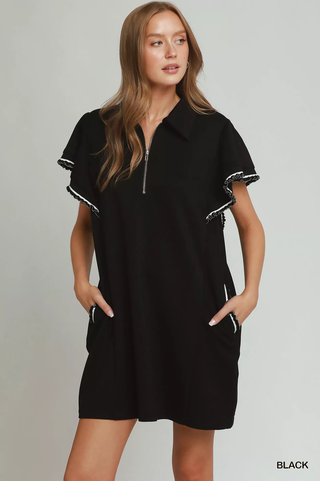 Umgee Half Zip Ruffle Rib Band Butterfy Sleeve Mini Dress with Pockets